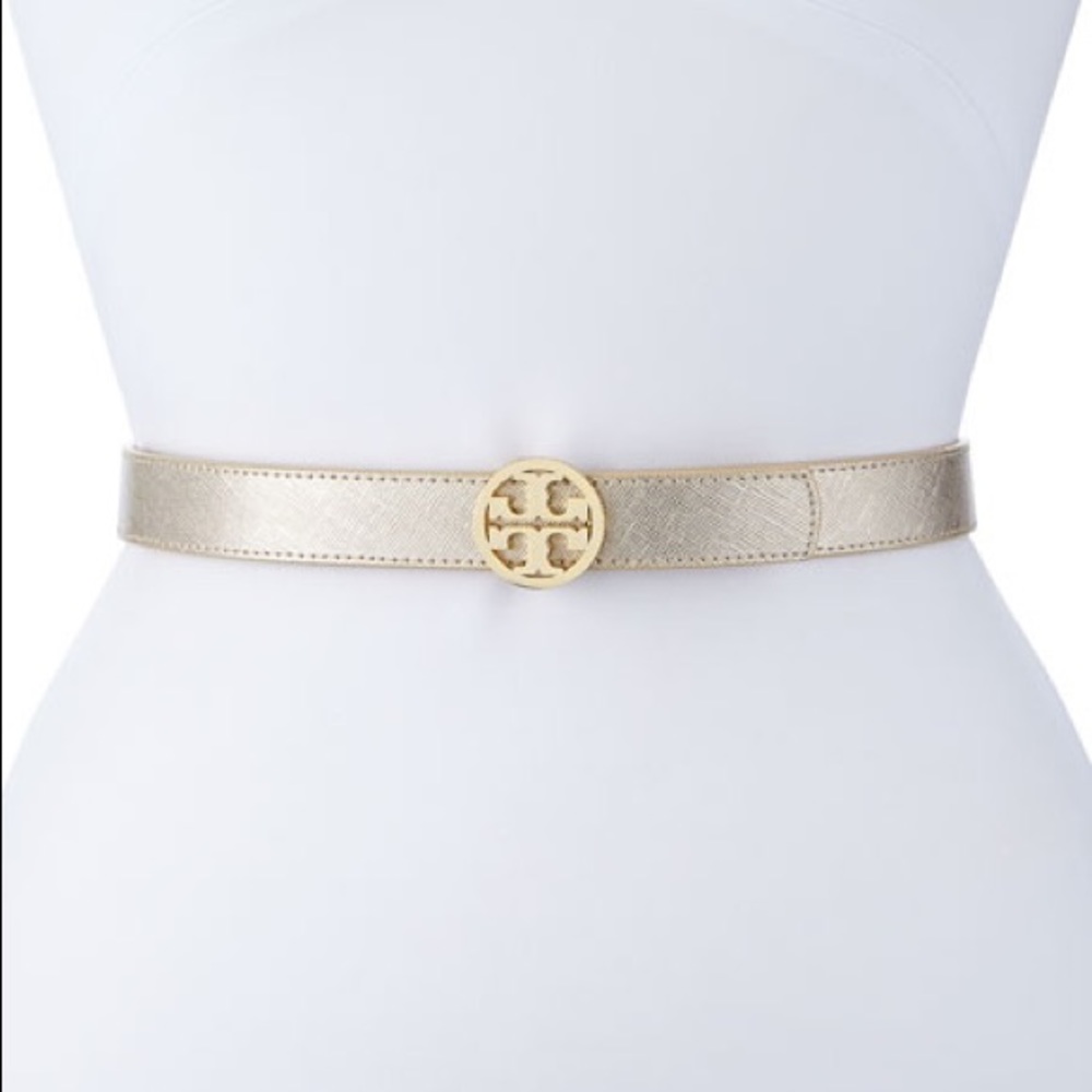 Tory Burch gold and silver reversible logo belt